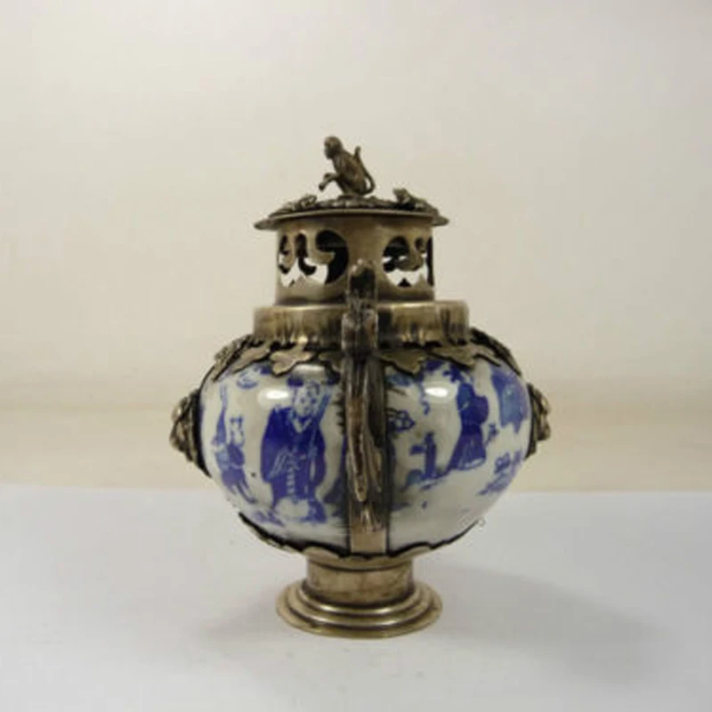 Exquisite Chinese handwork porcelain incense burner Inlaid with Tibetan Silver  lion dragon monkey