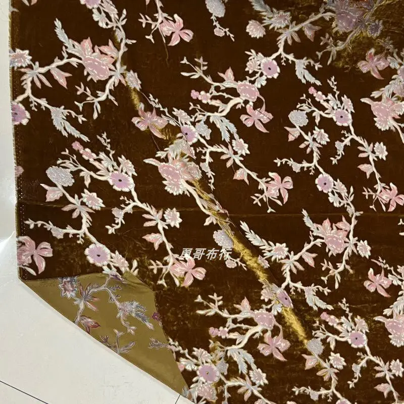 Caramel Silk Etched-out Velvet Fabric Flower-like Slightly Transparent Draping Comfortable Shirt Dress Cheongsam Fashion Cloth