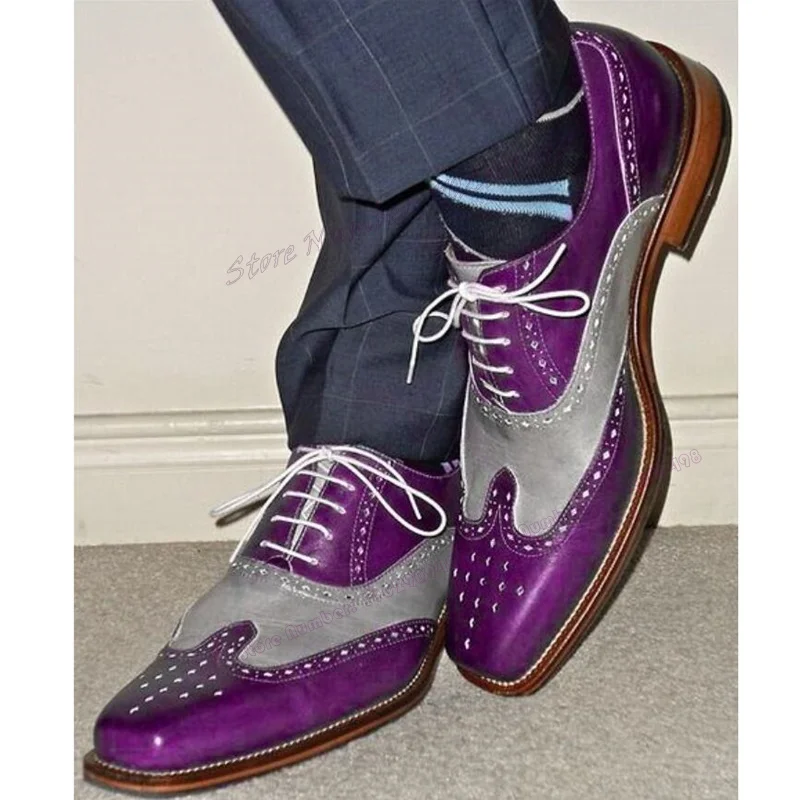 Mocassins d'affaires à lacets violets pour hommes, chaussures Parker pointues, talons épais, robe de créateur de fête de mariage, piste, nouveau style, 2023