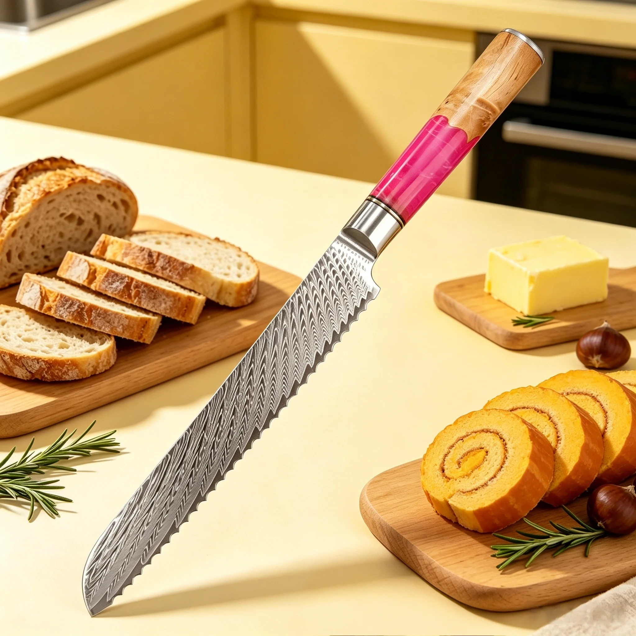 High End Damascus Steel Sharp Serrated Bread Knife Cutting Knife Cake Baking Chef Knife Toast Cheese Slicing Knife Kitchen Knife
