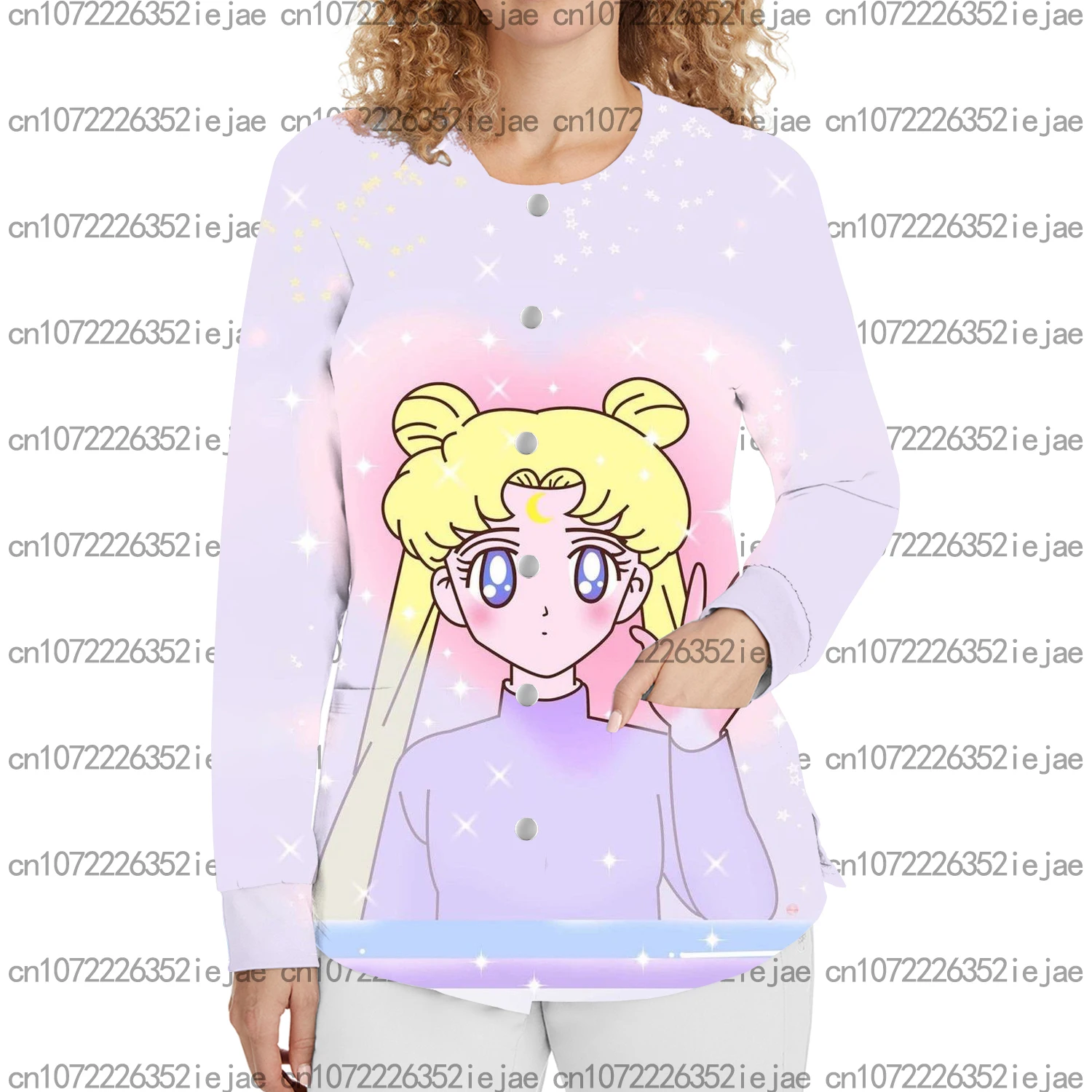 

Sailor Moon Printed Casual Loose Work Jacket Women's Double Pocket Long Sleeve Snap Button Frosted Jacket Autumn and Winter