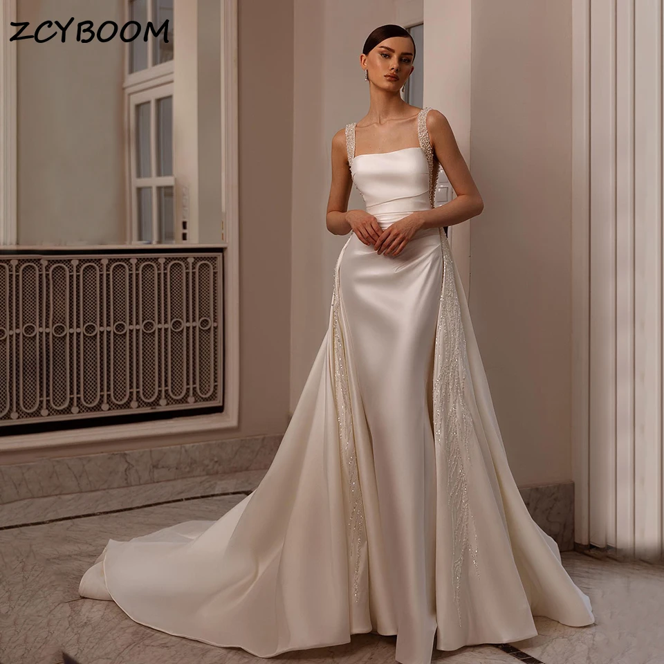Satin Detachable Train 2 In 1 Mermaid Wedding Dresses 2026 Sleeveless Pearls Beading Lace Appliques Bride Gowns Vestido De Novia
