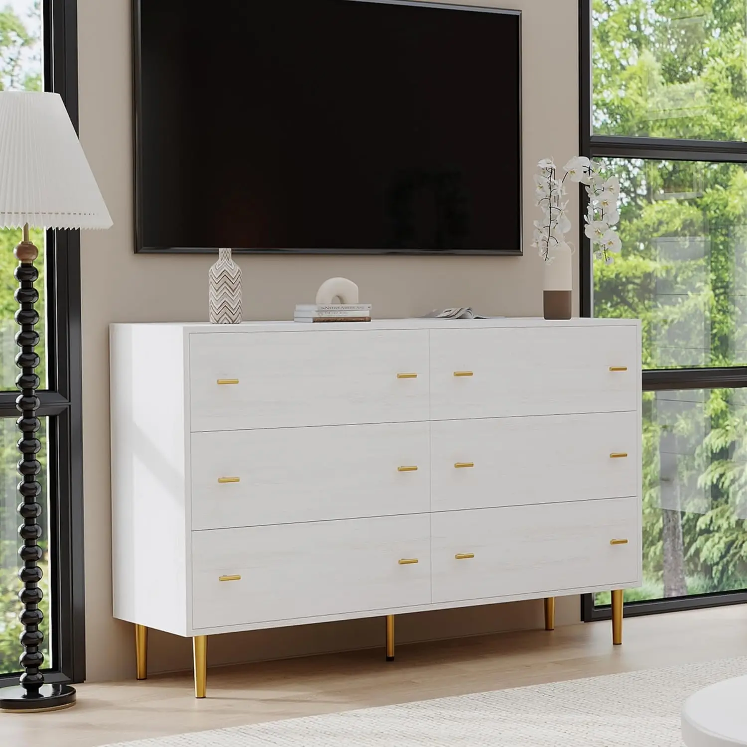 Cômoda de 6 gavetas para quarto, cômoda branca de 47,2 pol. de largura, cômoda rústica de madeira com gavetas grandes e alças de bar, natural