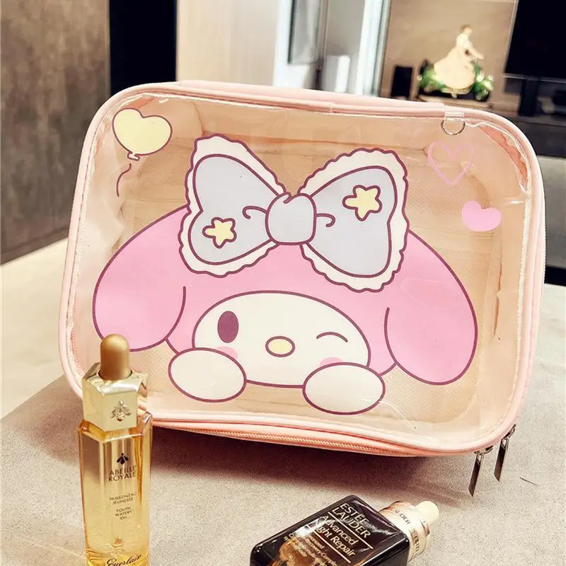 Japanese Sanrios Makeup Bag Cute Melody Large Capacity Semicolon Translucent Zipper Portable Skincare Handheld Travel Bag Gifts