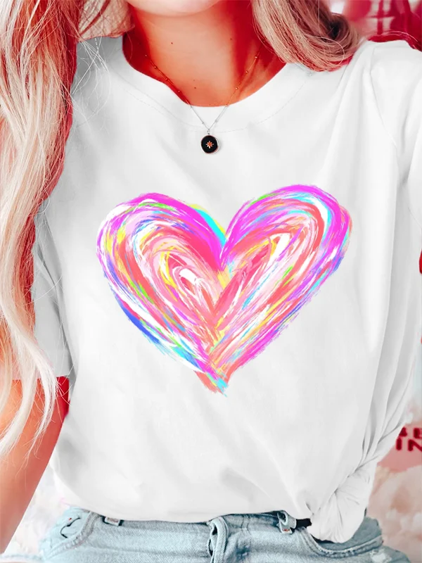 Romance Chroma Love Watercolour Print Female T-shirt 2024 New Hot Sale Casual Comfort Valentine's Day Gift Couple Shirt