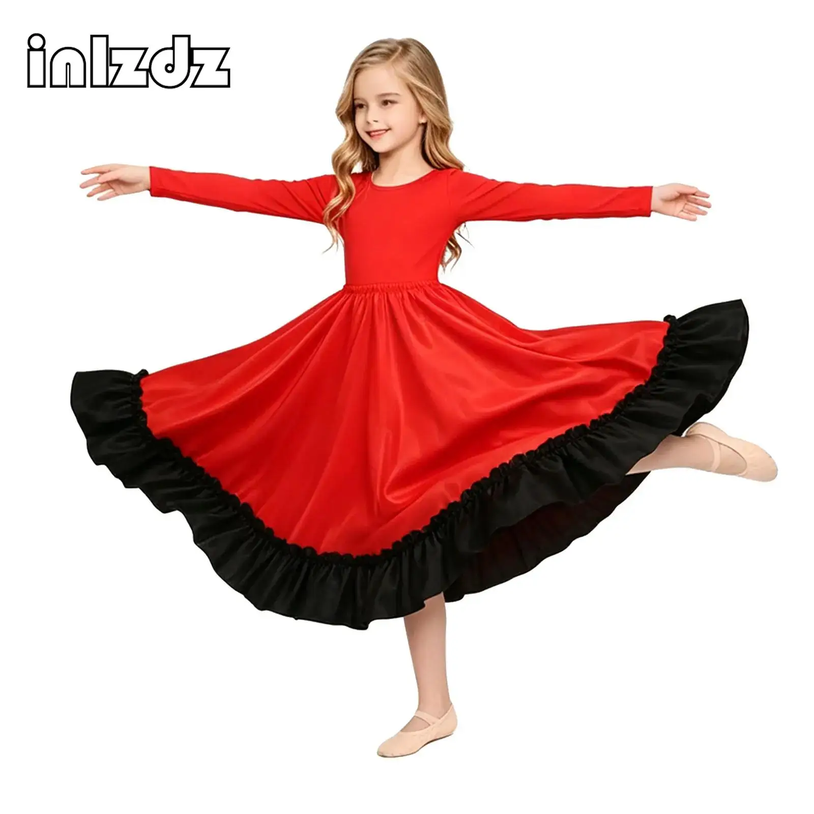 

Flamenco Girls Spanish Skirt Gypsy Satin Smooth Big Swing Carnival Party Ballroom Belly Dance Stage Performance Costumes Dress