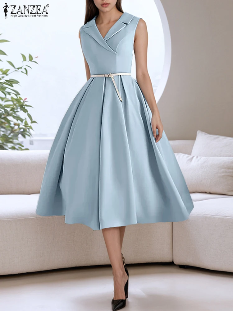 ZANZEA Elegant Party Dress แฟชั่นผู้หญิง V คอเอวชุด 2025 สไตล์ Solid สายทํางาน OL Sundress จีบ Vestidos Robe