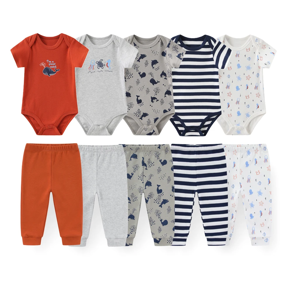 10Pcs 0-12M Ocean Cartoon Short Sleeve Cotton Unisex Baby Sea Creature Romper Pants 5 Sets
