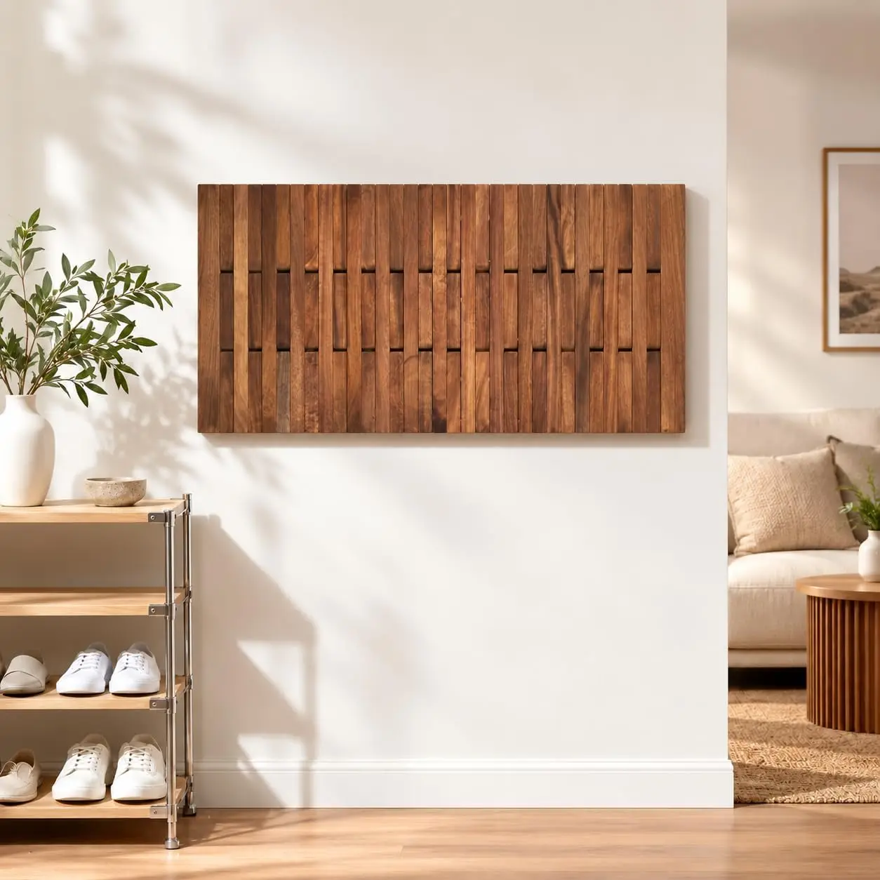 Mid-Century Modern Entry Floating Mount Coat Rack, Wall Mounted Wooden Clothes Hanger Coat Rack, Flip-Down Unique Modern Hooks f