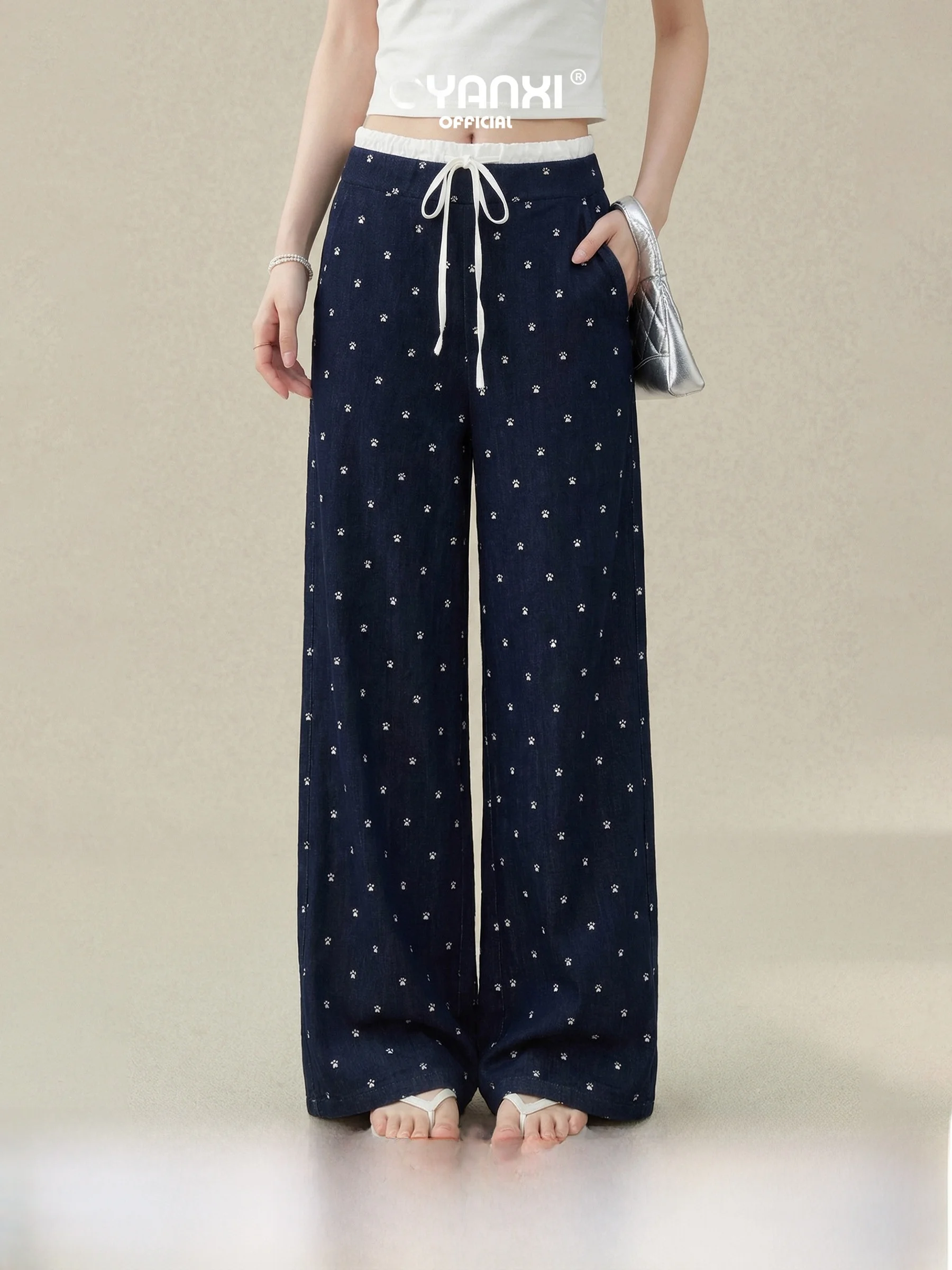 

Повседневные брюки с принтом, женские летние новые универсальные длинные брюки, американские ретро-брюки с принтом в горошек, широкие брюки, женские повседневные брюки