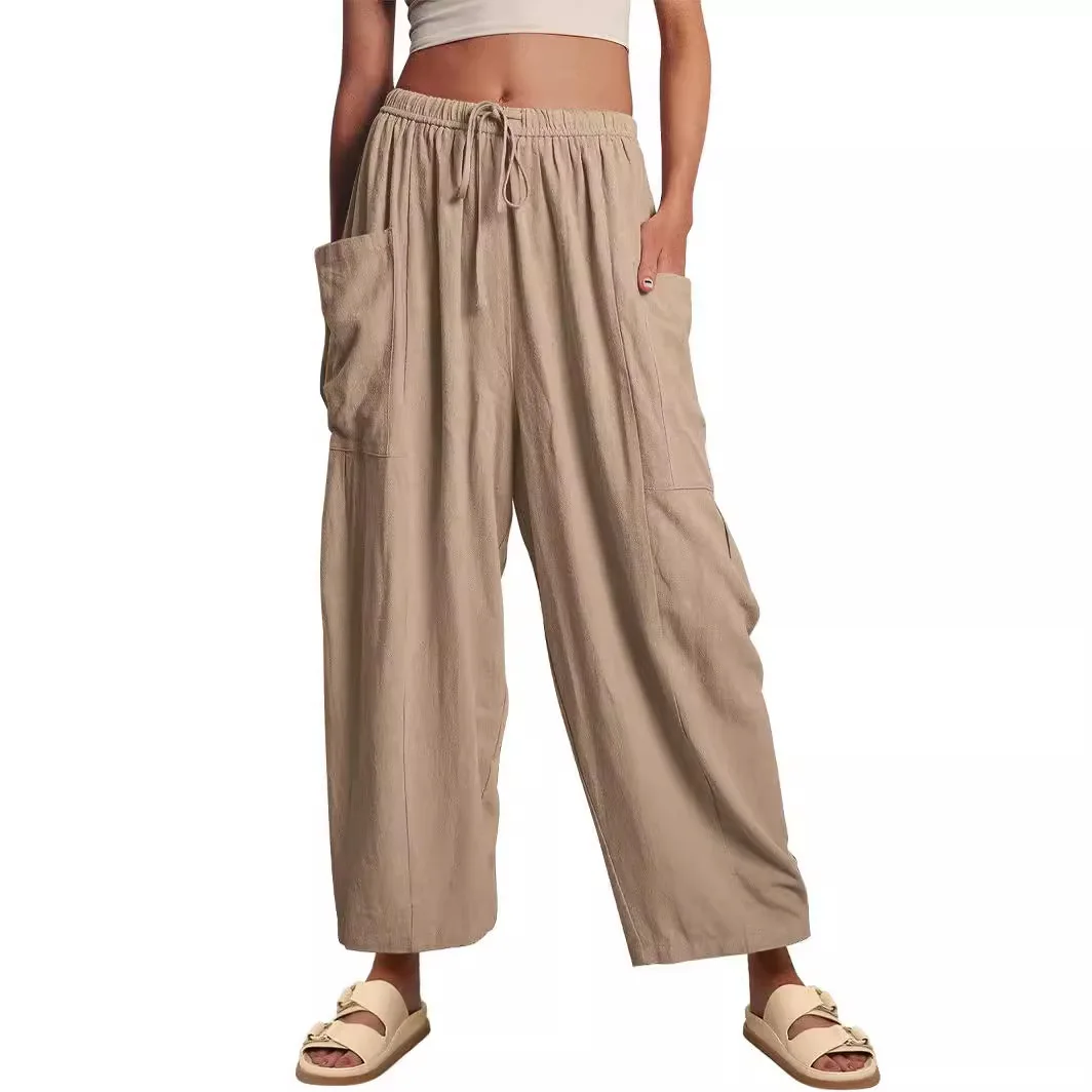 2025 Women's Spring and Summer Elastic Waist Pleated High Waist Wide Leg Pants Loose Casual Cotton and Linen Trousers