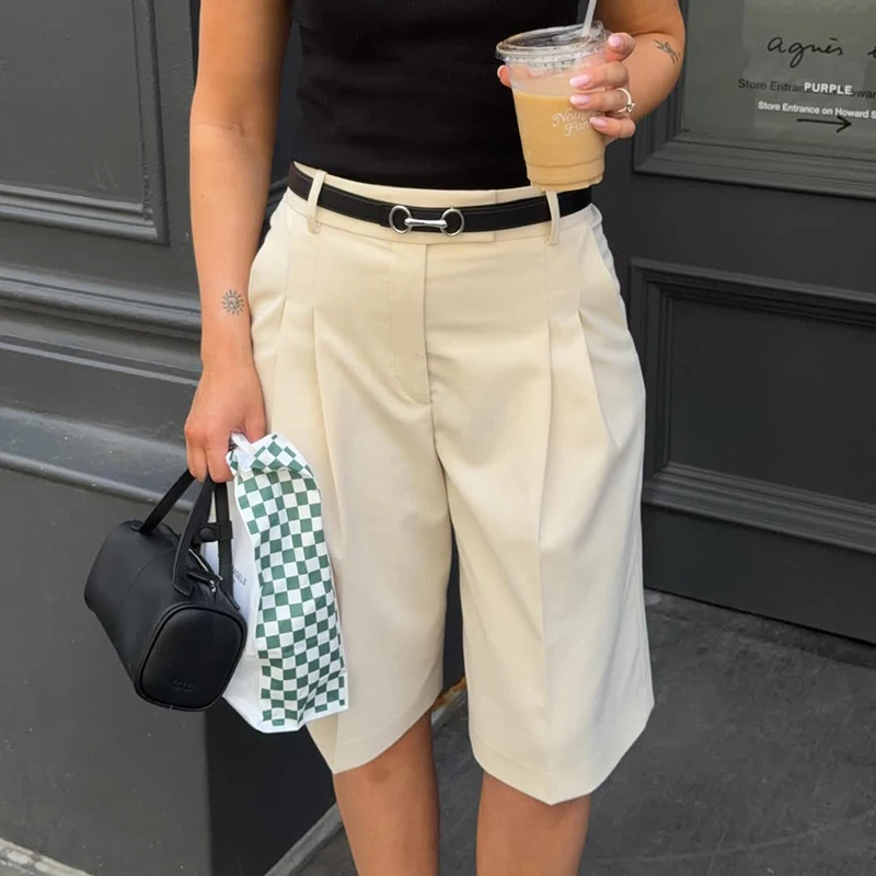 Chic Short Pants Women With Belt High Waisted Wide Leg Culottes Smooth Work Wear Bermuda Shorts Female Casual Tailored Shorts