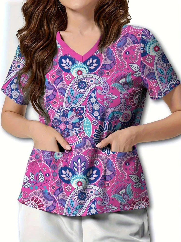 Uniforms Women Medical Fashion Floral Print V-Neck Obstetrics Nursing Tops Short Sleeves with Pockets Clinical Uniforms Woman