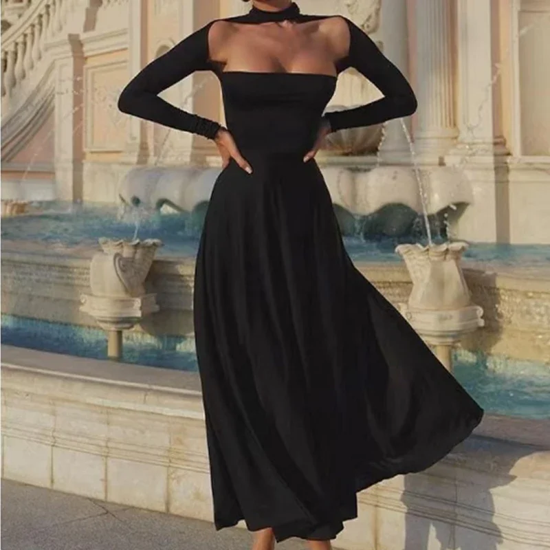 

LIBIELIY Office Fashion High Waist Pleated Long Dress Elegant O-neck Hollow Out Evening Dress Women Casual Long Sleeve Solid Pa