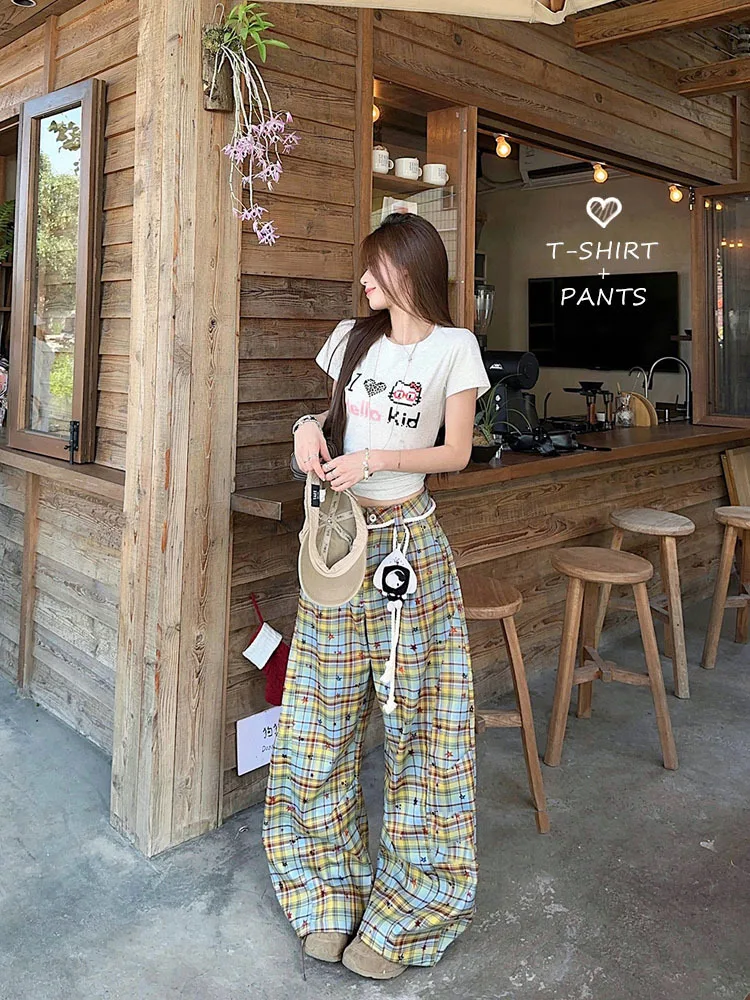 

2025 Summer New Cute Letter Printed Short Sleeve T-shirt + Grid Wide Leg Floor Casual Pants Women's Fashion Two Piece Set