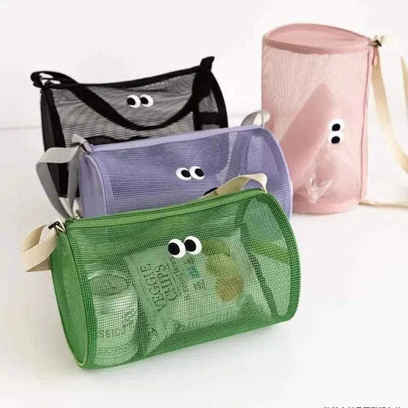 

Polyester Fiber Round Cylinder Makeup Bag Travel Crossbody Beach Swimming Bag Hollow Out Toiletry Storage Bag Miscellaneous Item