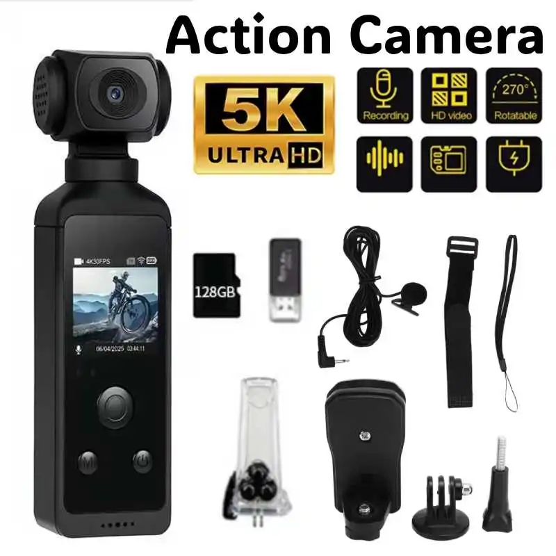 

5K HD Handheld Action Camera with Waterproof Case EIS Anti-shake Camera Outdoors Cycling Diving Travel Vlog Recorder Pocket Cam