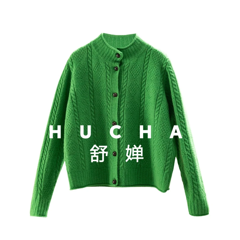 

350g Green Foreign 100 Wool Three-dimensional Cable Semi-turtleneck Cardigan Female 59F3 Sweaters for Women