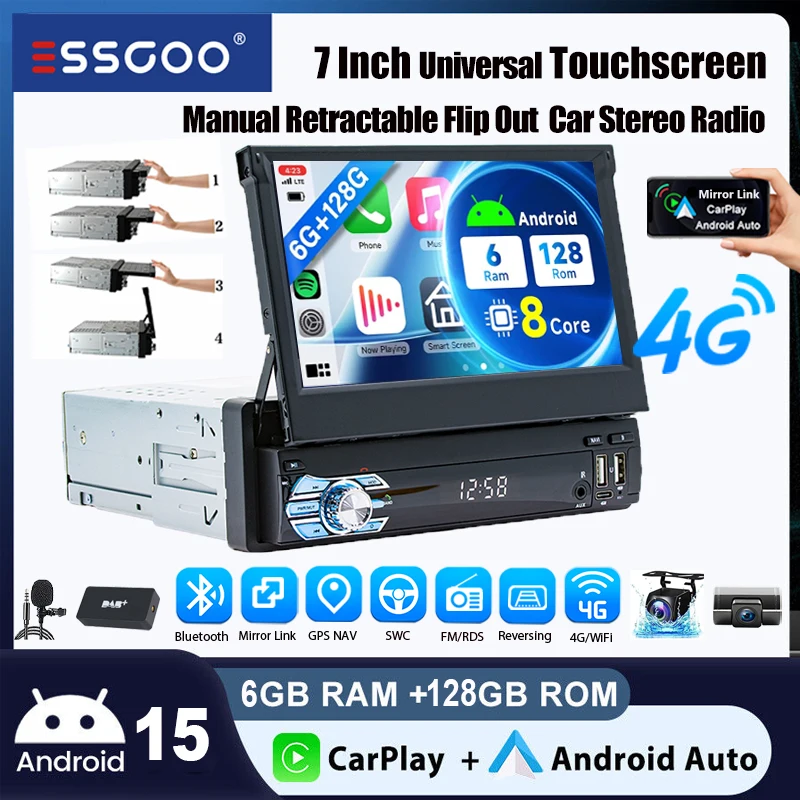 Autoestéreo ESSGOO Android15 7" 6+128 GB Pantalla Táctil Manual Retráctil Extraíble Navegación GPS WiFi 4G LTE RDS Bluetooth USB Tipo-C AUX Control de Volante RGB Siete Colores Mirror Link RDS FM