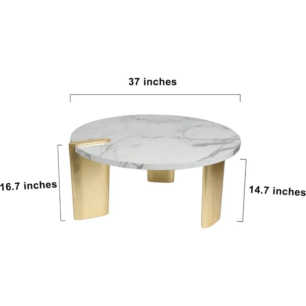 Round Coffee Table, Modern Living Room Coffee Table White Center Table with Marble Veneer Top and Gold Foil Legs, 37