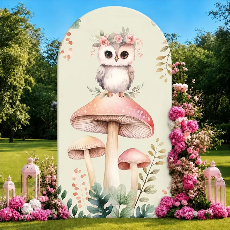 

Single Side Arch Backdrop Cover Whimsical Owl and Mushroom Garden Background for Wedding or Birthday Party Decor with Floral