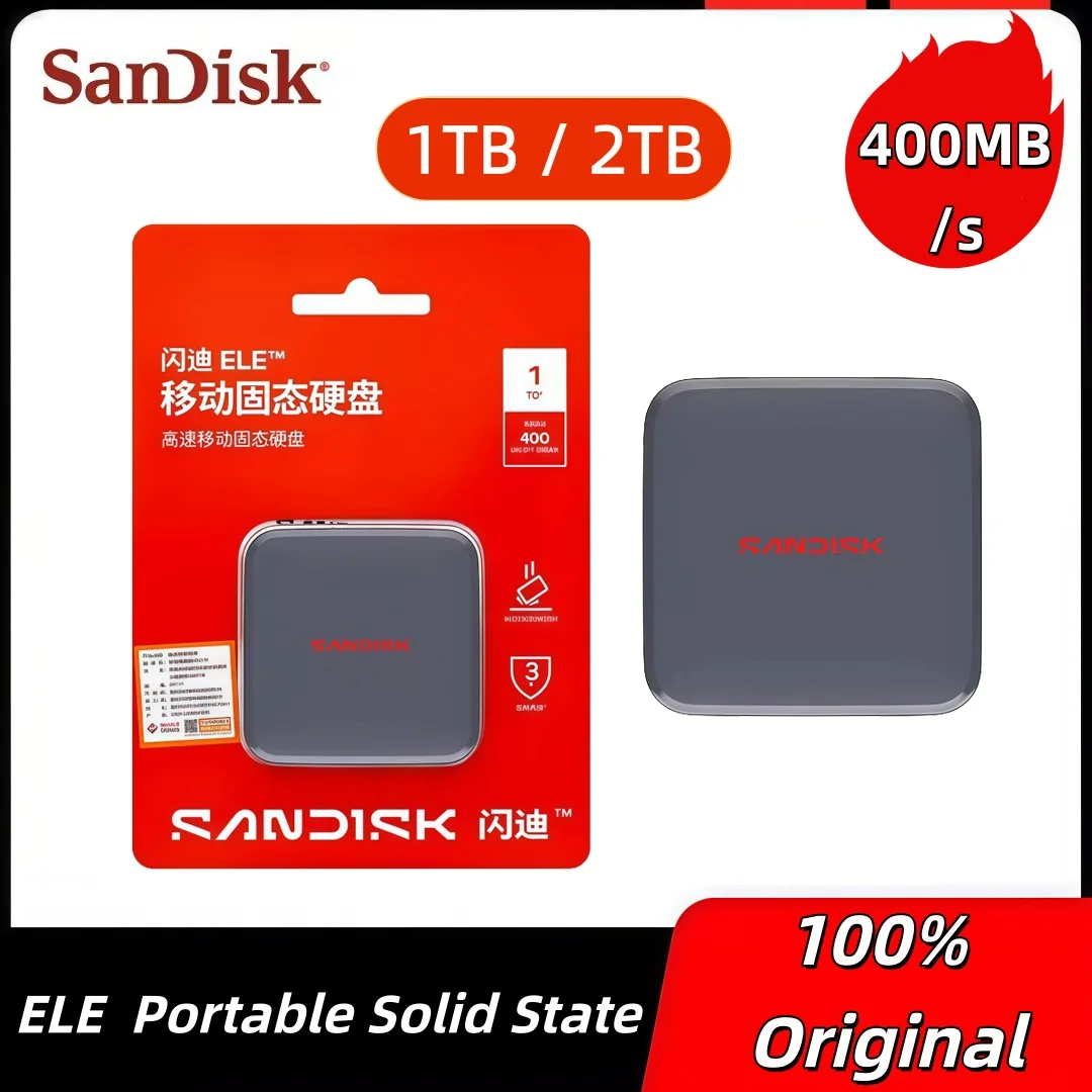 

Оригинальный портативный твердотельный накопитель SanDisk ELE 1 ТБ/2 ТБ USB 3.0 Type-C PSSD, внешний SSD с максимальной скоростью 400 МБ/с для телефона/планшета/компьютера