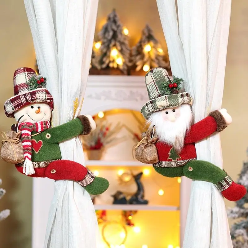 Kerstman Sneeuwpop Herten Kerst Gordijn Gesp Cartoon Hangende Pop Pluche Pop Gordijn Houder Thuis Ornament Festival Benodigdheden