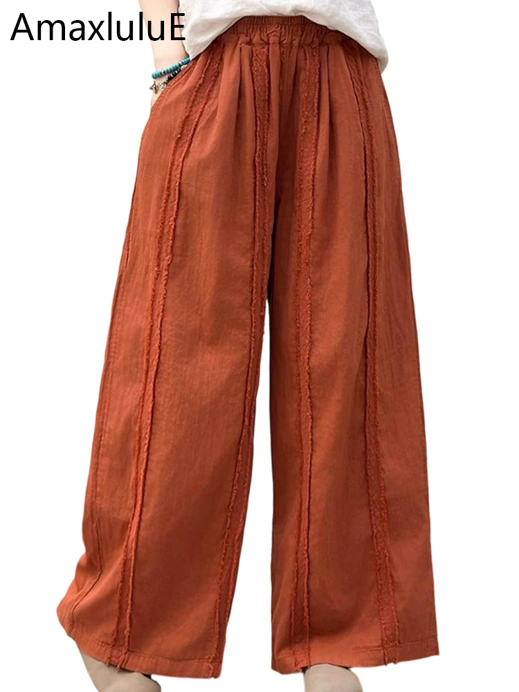 

Amax LuluE 2026, весенние женские модные хлопковые и льняные широкие брюки, женские повседневные винтажные классические полосатые брюки с эластичной резинкой на талии