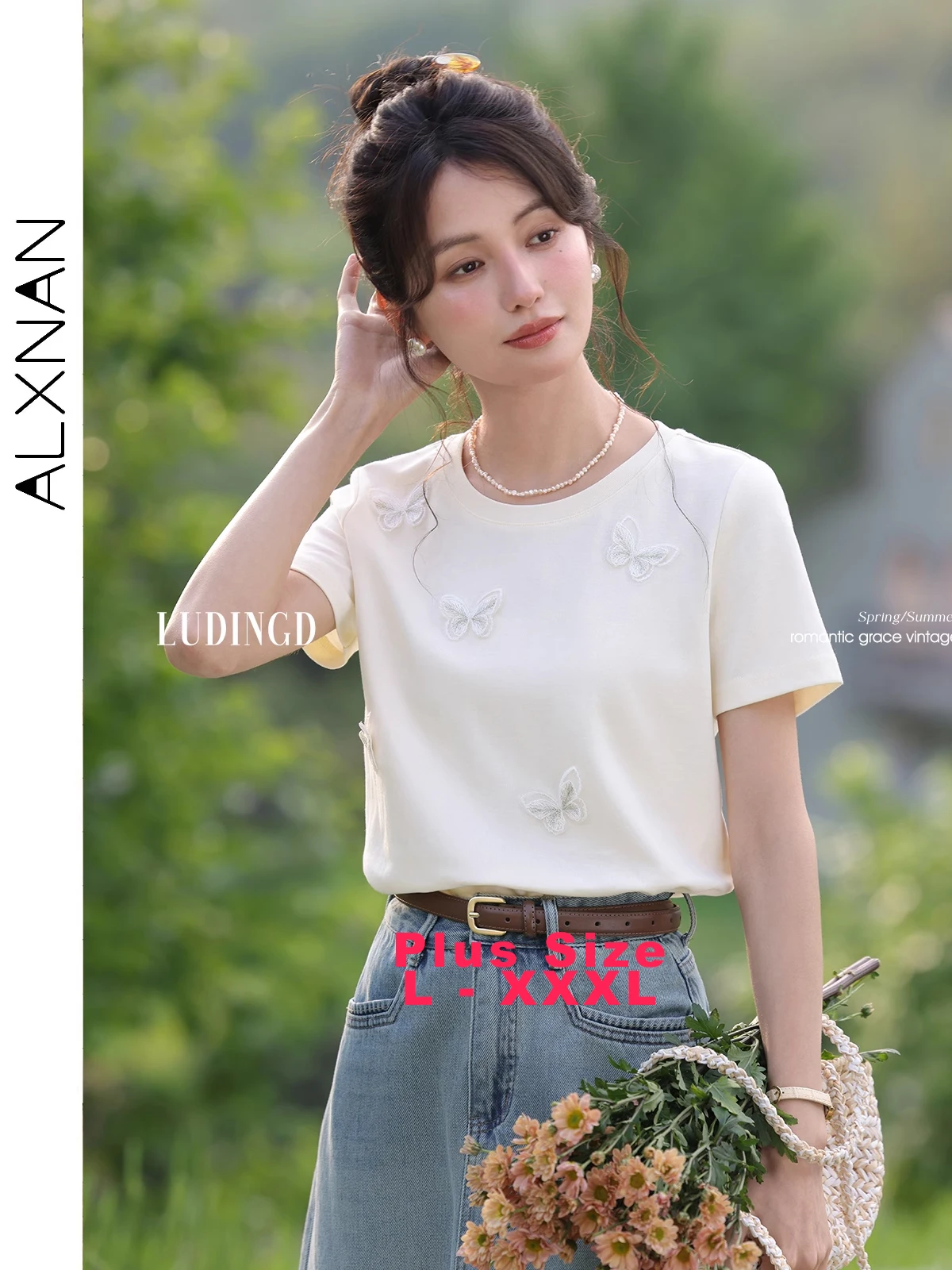 

ALXNAN Plus Size Women's T-shirt 3d Butterfly Design Elegant Cotton T-shirt 2025 Summer Casual Loose-fit Short Sleeve Top D10726