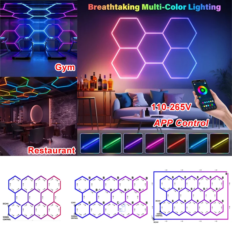 

RGB Hexagon Garage Light Honeycomb 110-265V LED Ceiling Lights for Car Wash Repair Lamps Decor Ceiling Lighting APP Control