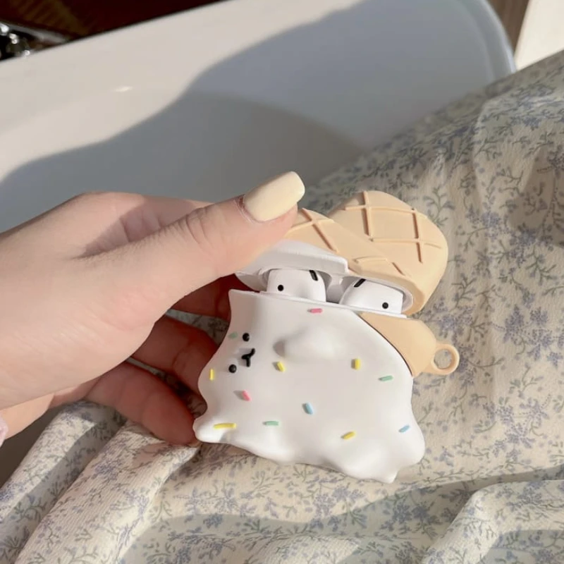 علبة كرتون لطراز الآيس كريم حافظة واقية لسماعات AirPods ، حافظة ثلاثية الأبعاد لطيفة ، غطاء حماية من السيليكون الناعم الجميل ، 1 ، 2 ، 3 Pro ، 2rd علبة شحن