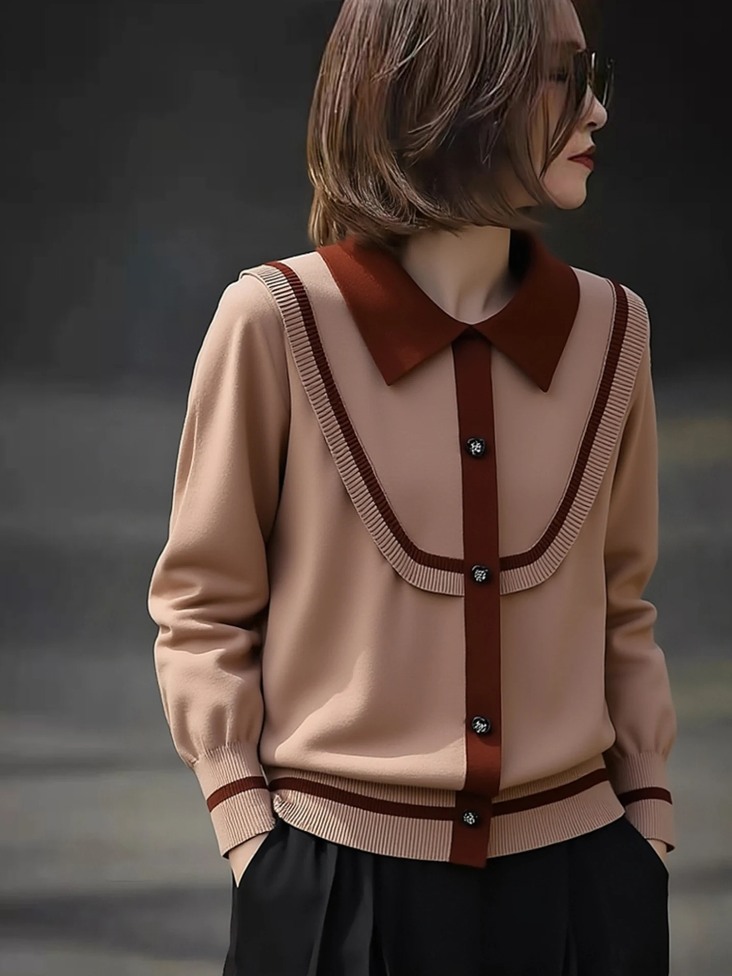 

Ele Lady Sle Long Sve Knitwear with Color Blo Design And Collar for Women Slimming Versatile Autumn Winter Top