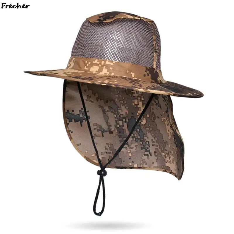 Military Marine Sun Hat UV Protection Fishing Cap Hunting Hiking Jungle Hats Camouflage Patchwork Grassland Caps Drawstrings