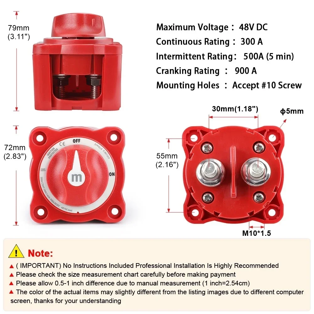 Car Auto RV Marine Boat 12V-48V 100A-300A Single Circuit Battery Selector Isolator Disconnect Rotary Switch Cut