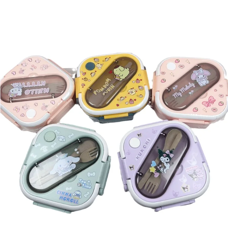 Sanrio Hello Kitty  Kuromi Cinnamoroll Plastic Lunch Box Bring Cutlery Cartoon Anime Pompompurin Divided Bento Box Microwaveable