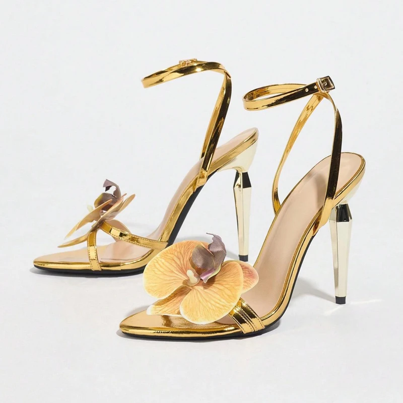 

Gold Sexy Flowers High Heels Ladies Narrow Band Open Toe Pumps Woman Ankle Strap Elegant Sandals Female Banquet Dress Shoes
