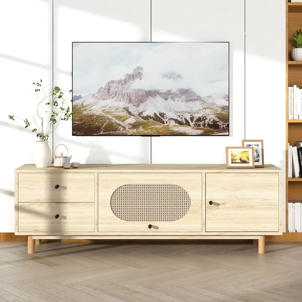 

TV Stand with Rattan Door, Modern Entertainment Center for 70 Inch TV, Media Console Table with Cabinet Storage and 2 Drawers