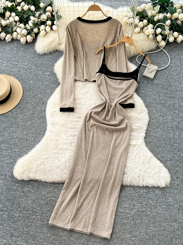 Faionable Zweiteiliges Set mit hoher Taille und Gürtel ter Dr + Long Sve Open Cardigan Color Blo Design Herbstkleidung für Damen