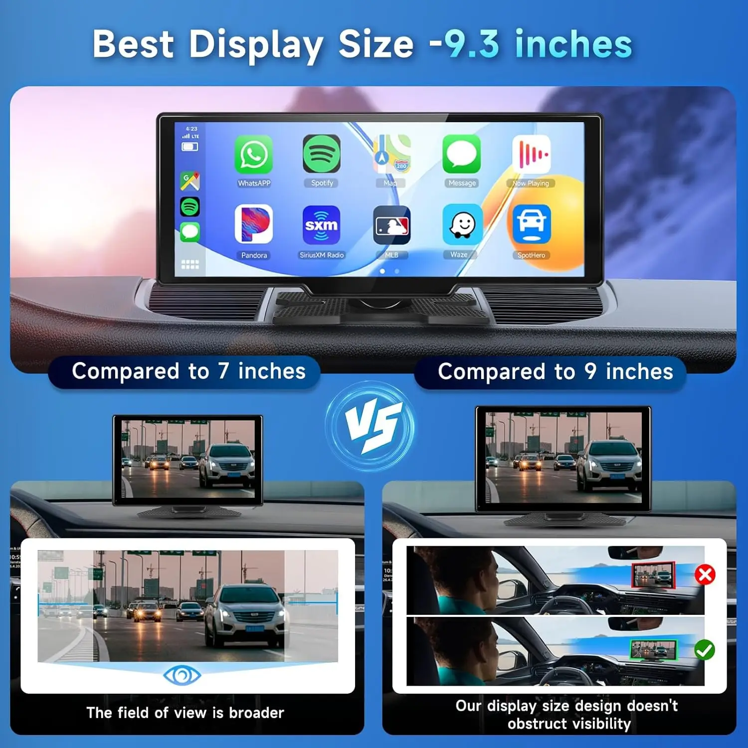 ستيريو سيارة CarPlay 9.3 بوصة HD IPS مع Android Auto، كاميرا داش 2.5K، كاميرا احتياطية 1080P، بطاقة TF سعة 64 جيجابايت، ملاحة، Dual Bl