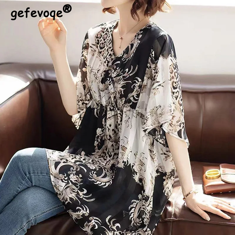 Summer Oversized Women Elegant V-neck Vintage Print Irregular Fashion Tunic Midi Chiffon Shirts Casual Short Sleeve Tops Blouse