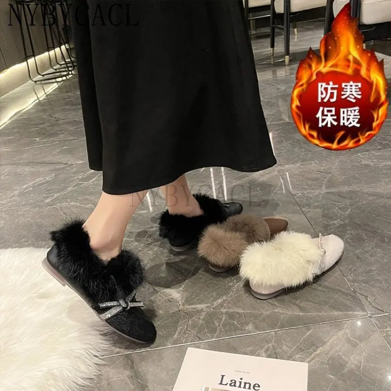 Winter Patchwork square toe fur shoes women fluffy plush flats add cashmere moccasins retro warm rabbit fur loafers woman 2023