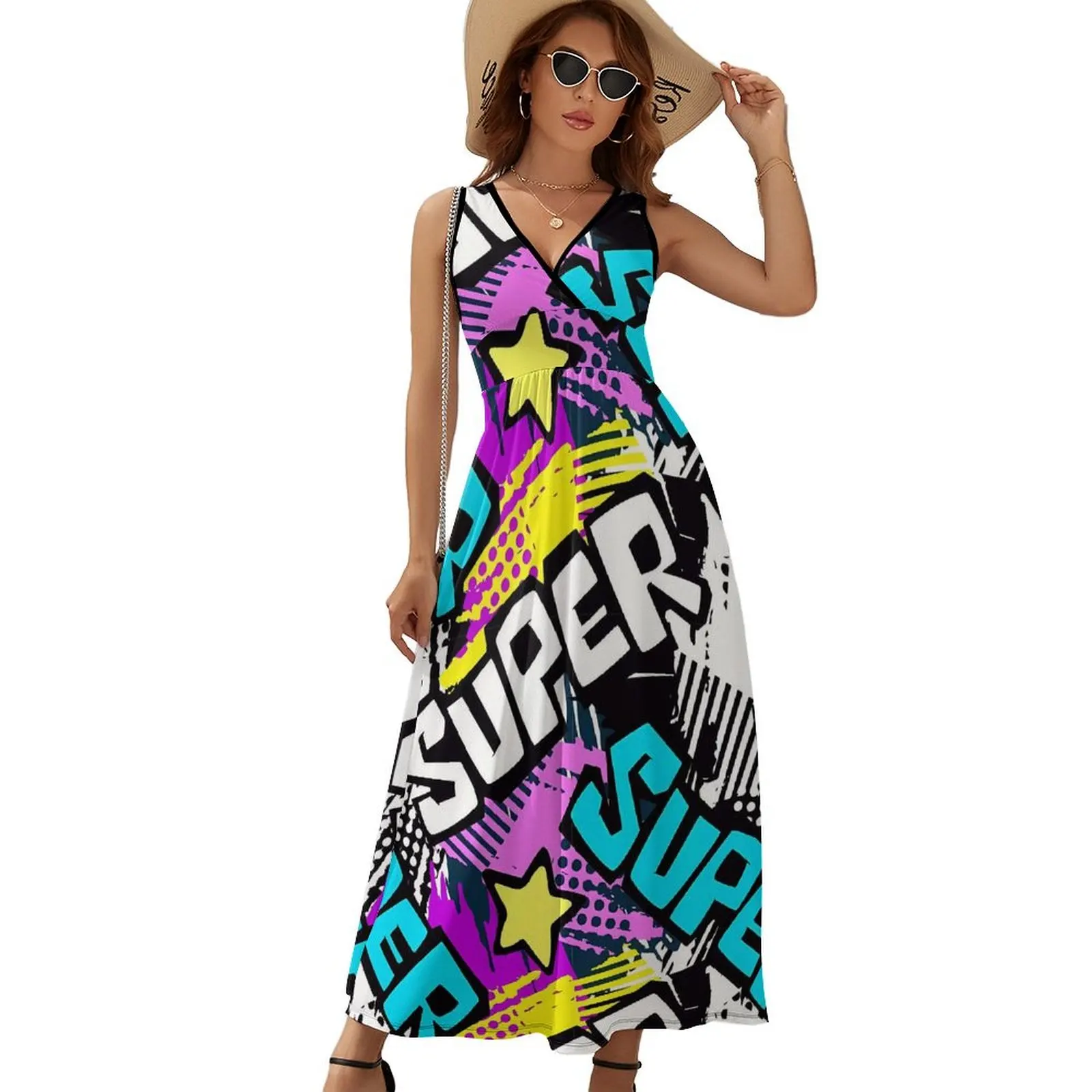 

Colorful Graffiti Dress Letter Print Cute Maxi Dress V Neck Custom Boho Beach Long Dresses Aesthetic Big Size Clothes