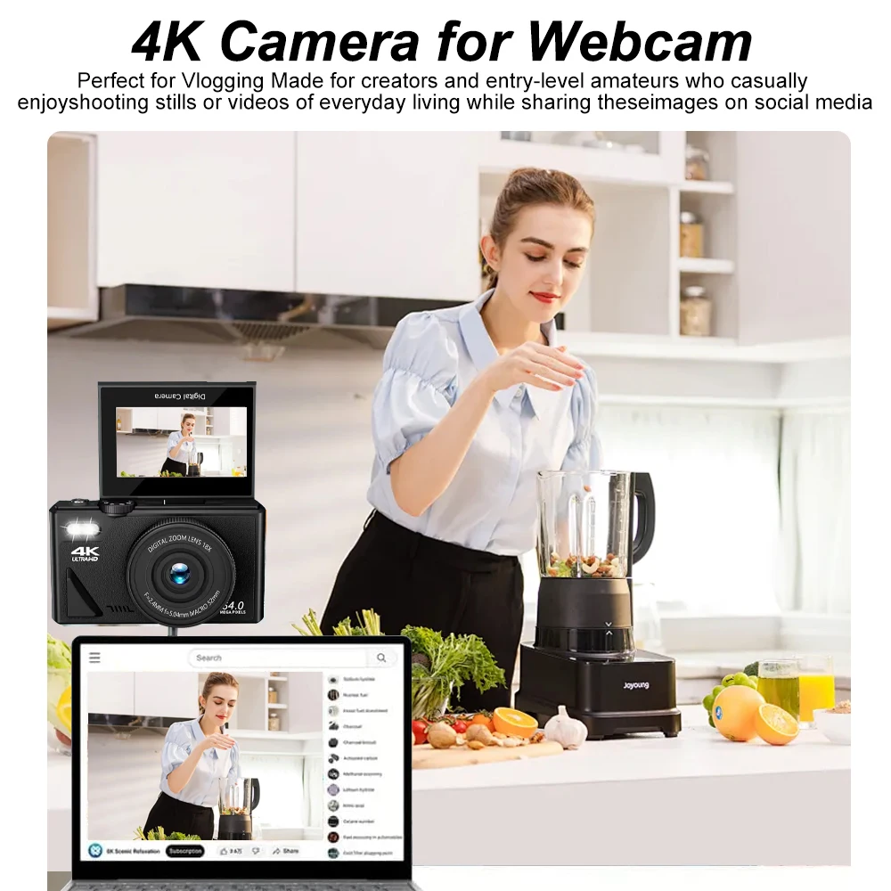 Nuova fotocamera per principianti Flip screen da 3 pollici WIFI Beauty Fotocamera digitale ad alta definizione con registrazione 5K da 75 Megapixel e zoom 18x