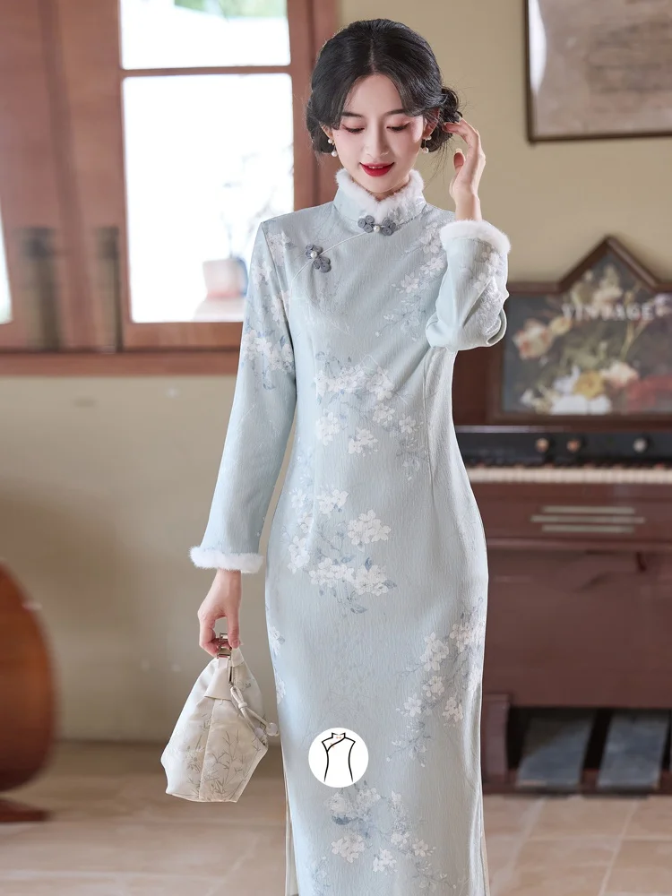 

Новое китайское платье для молодых девушек: утепленное, длинное, с изысканным дизайном, для повседневной носки, с цветочным узором