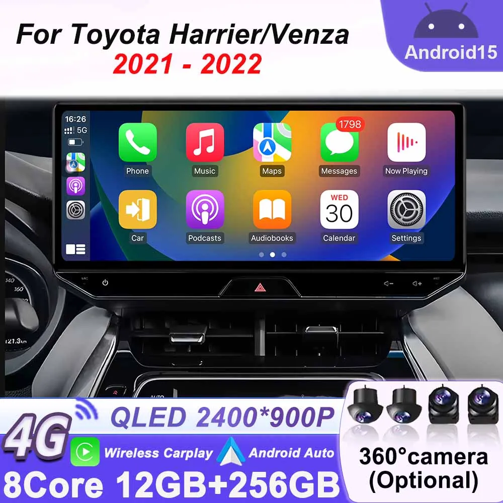 أندرويد 15 راديو السيارة 12.3 "لتويوتا هارير/فينزا 2021-2022 ستيريو الوسائط المتعددة مشغل فيديو BT نظام تحديد المواقع والملاحة CarPlay السيارات واي فاي