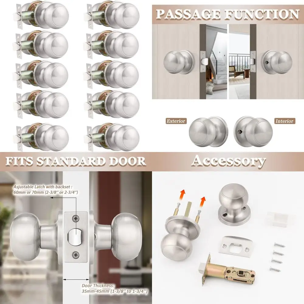 

Probrico, 10 шт., круглая дверная ручка для прохода (неблокирующиеся ручки), дверные ручки без ключа, комплект замков для внутренней/внешней двери, массажные ручки для