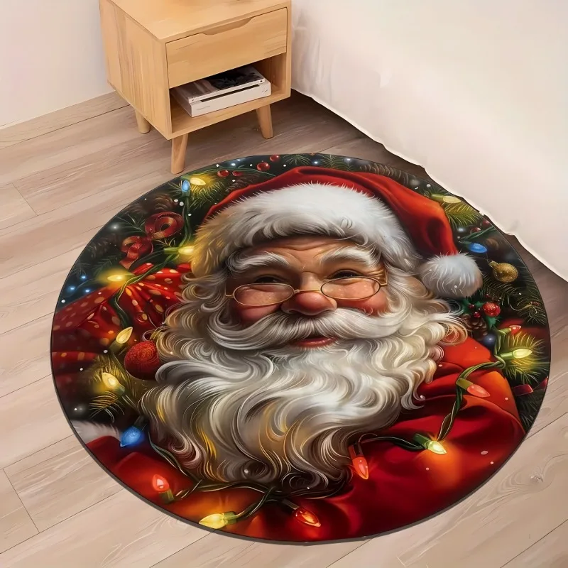 Santa Festive Lights Round Rug Soft Non-Slip for Living Room Bedroom Entryway Machine Washable Flannel Mat Ideal Christmas Decor