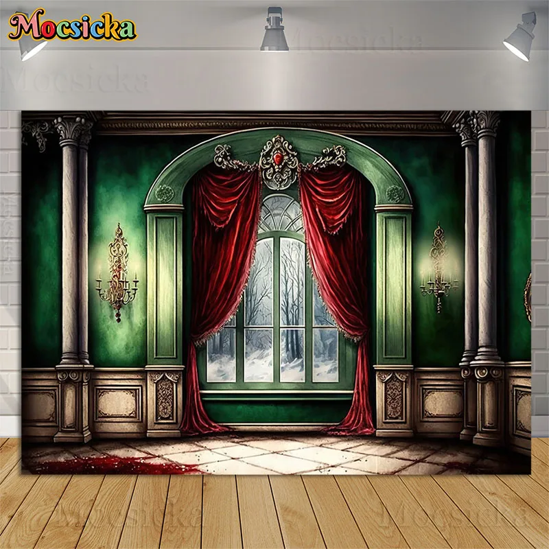 Fondo de decoración Interior de castillo, fotografía, cortinas rojas, pared clásica verde, retrato de vacaciones para niños, fondo de cumpleaños y boda