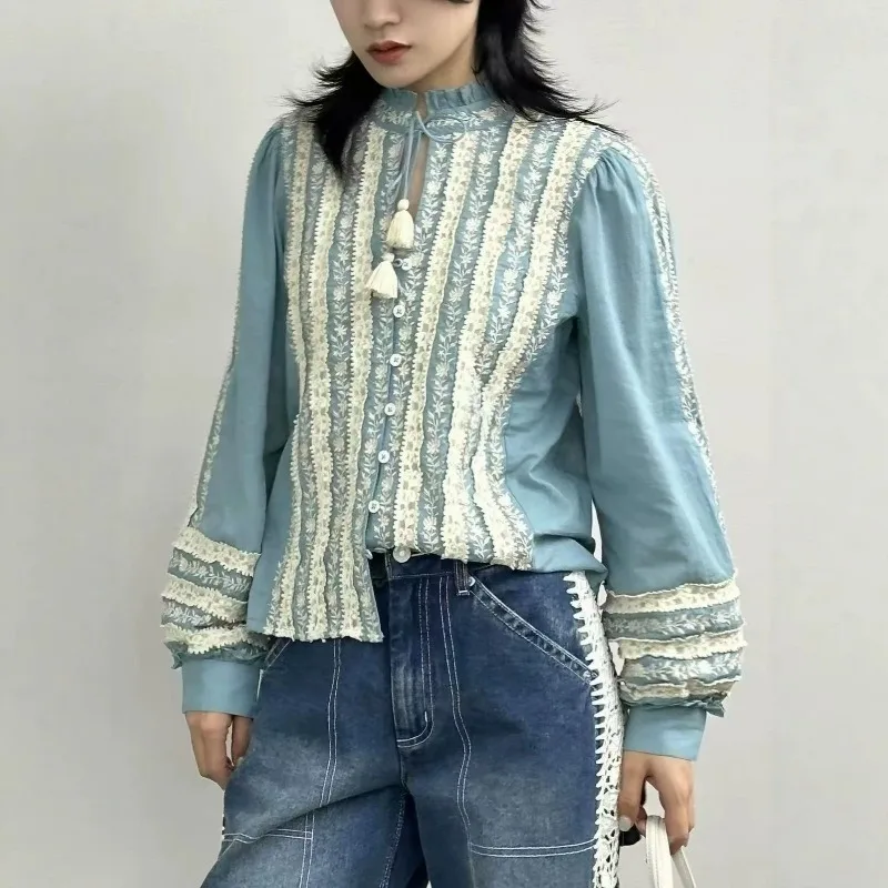 Vintage Women Cutwork Embroidery Cropped Top Ruffle Frill High Neck Tassel Tie Lantern Long Sleeve Button Front Bohemian Blouse