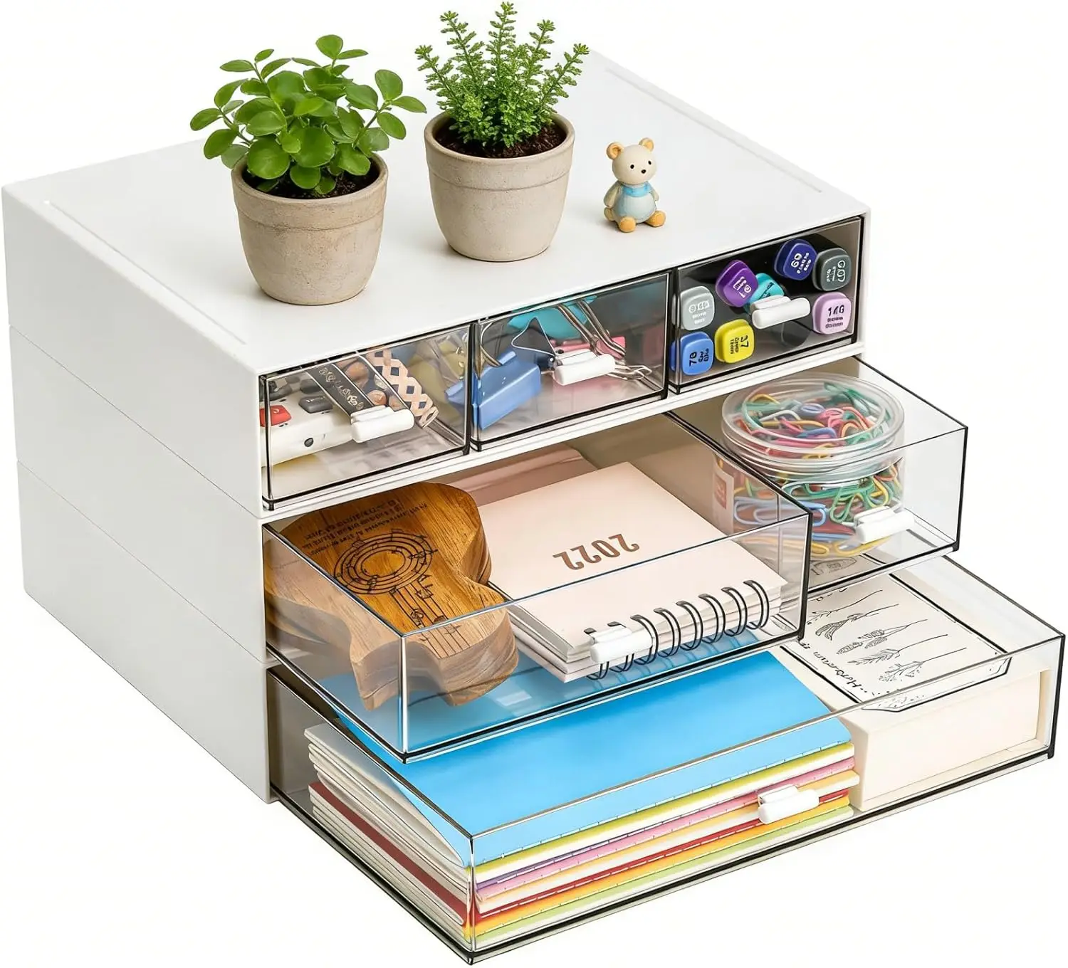 3-stufiger Stapelbarer Schreibtisch-Organizer mit 6 Schubladen, Tragbare Aufbewahrungsbox für Büro, Schmuck, Make-up & Schulbedarf